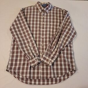 Izod 100% Cotton Plaid Button-up Shirt Long Sleeve, Men's Size L, White Red